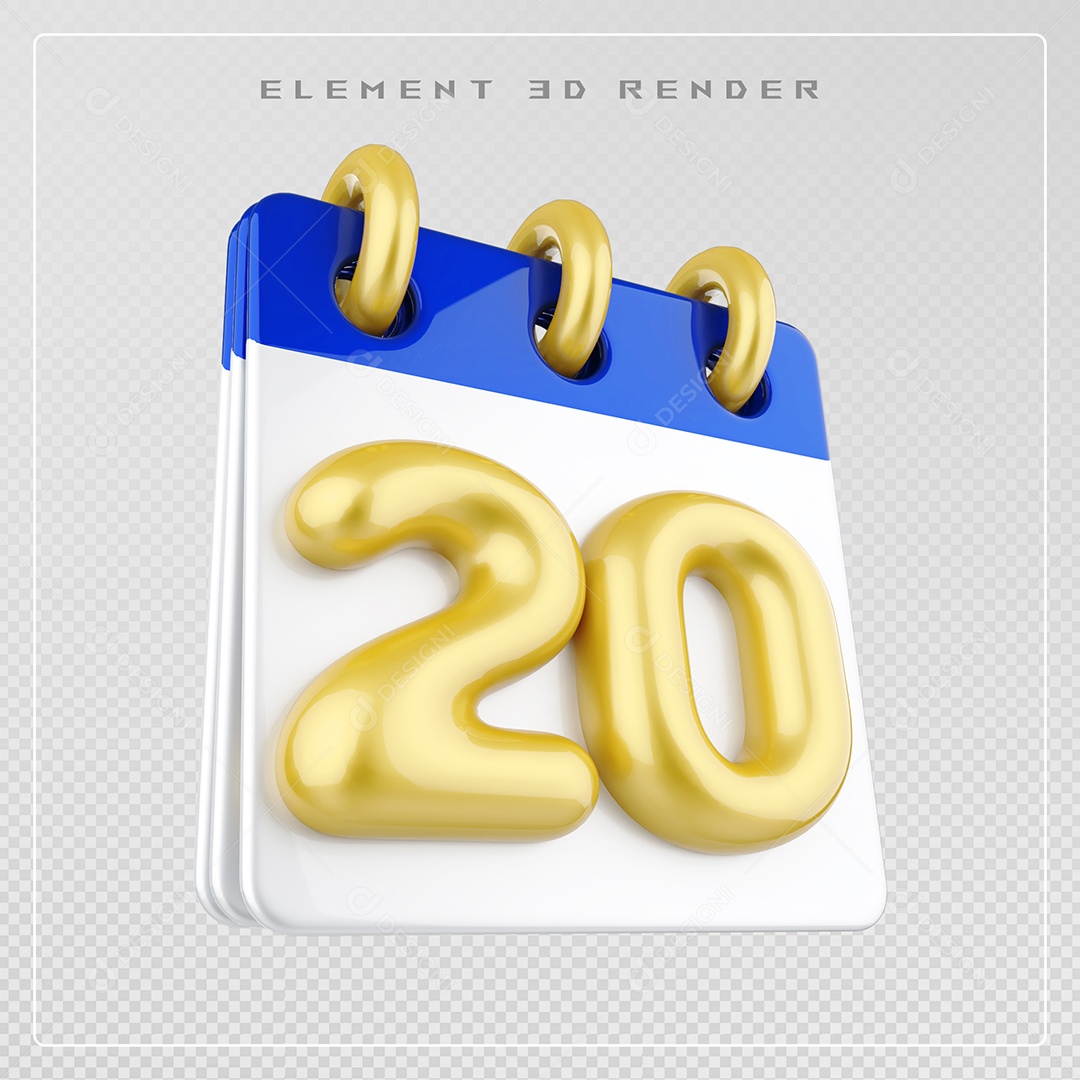 Calendário Dia 20 Elemento 3D Azul e Branco Para Composição PSD