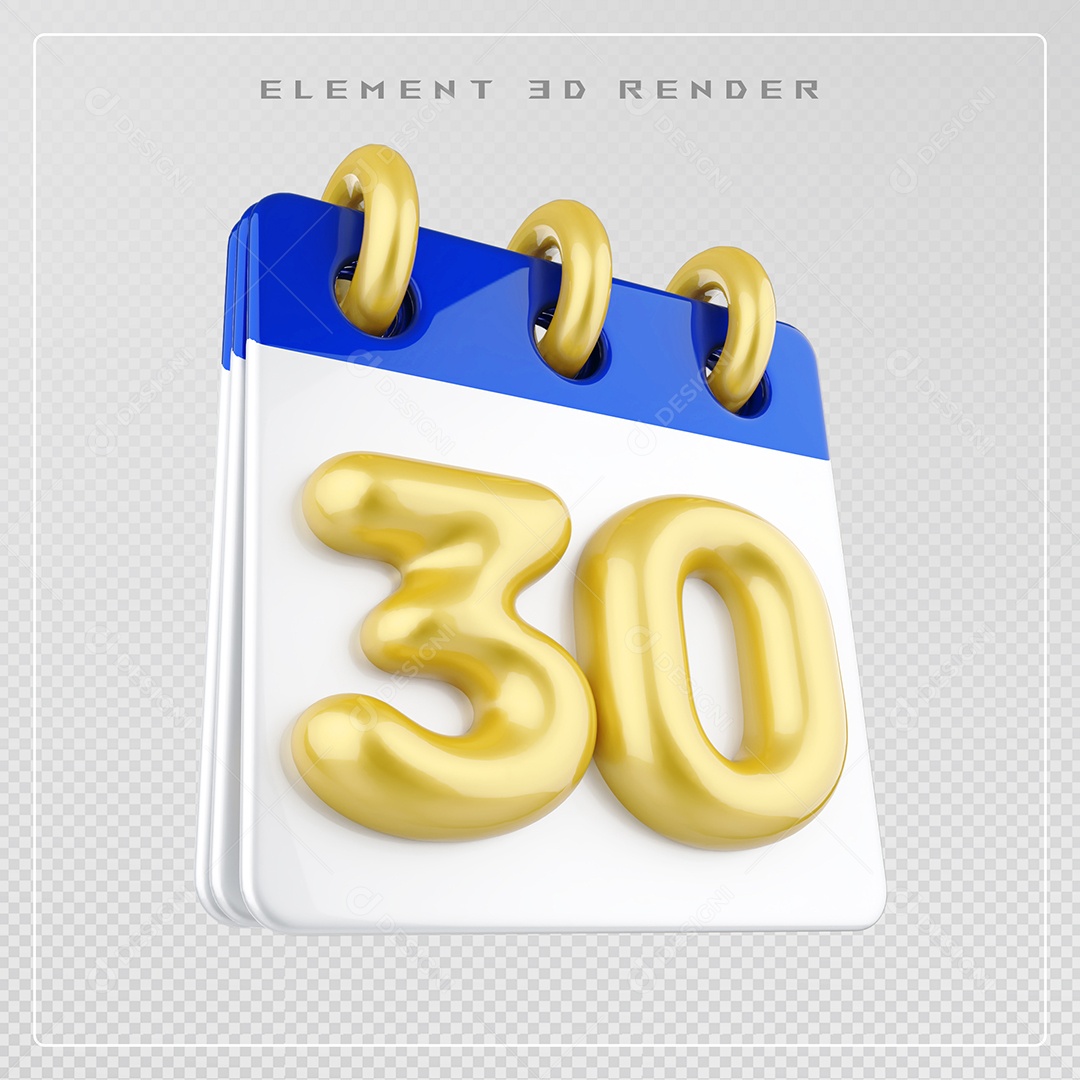 Calendário Dia 30 Elemento 3D Azul e Branco Para Composição PSD