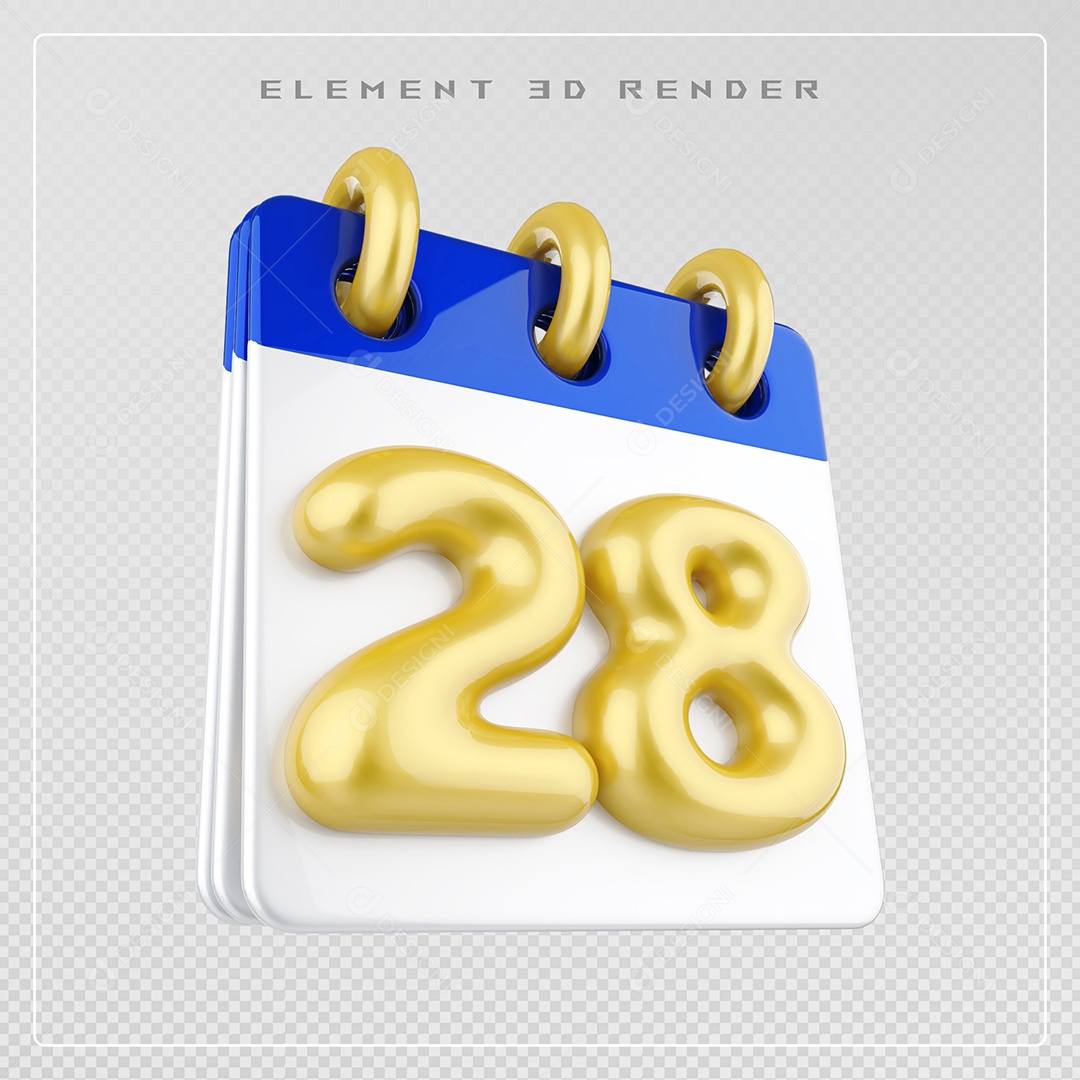 Calendário Dia 28 Elemento 3D Azul e Branco Para Composição PSD