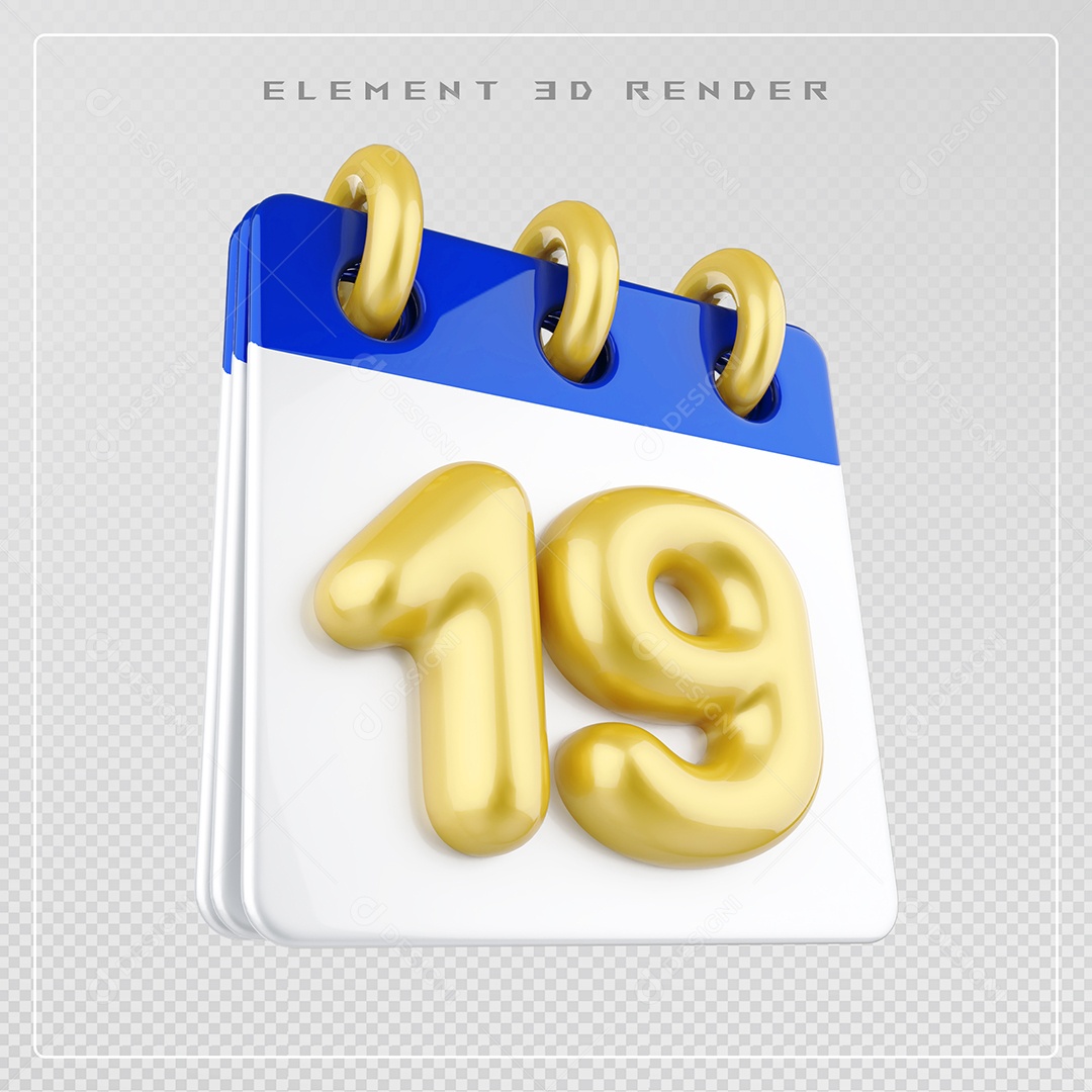 Calendário Dia 19 Elemento 3D Azul e Branco Para Composição PSD