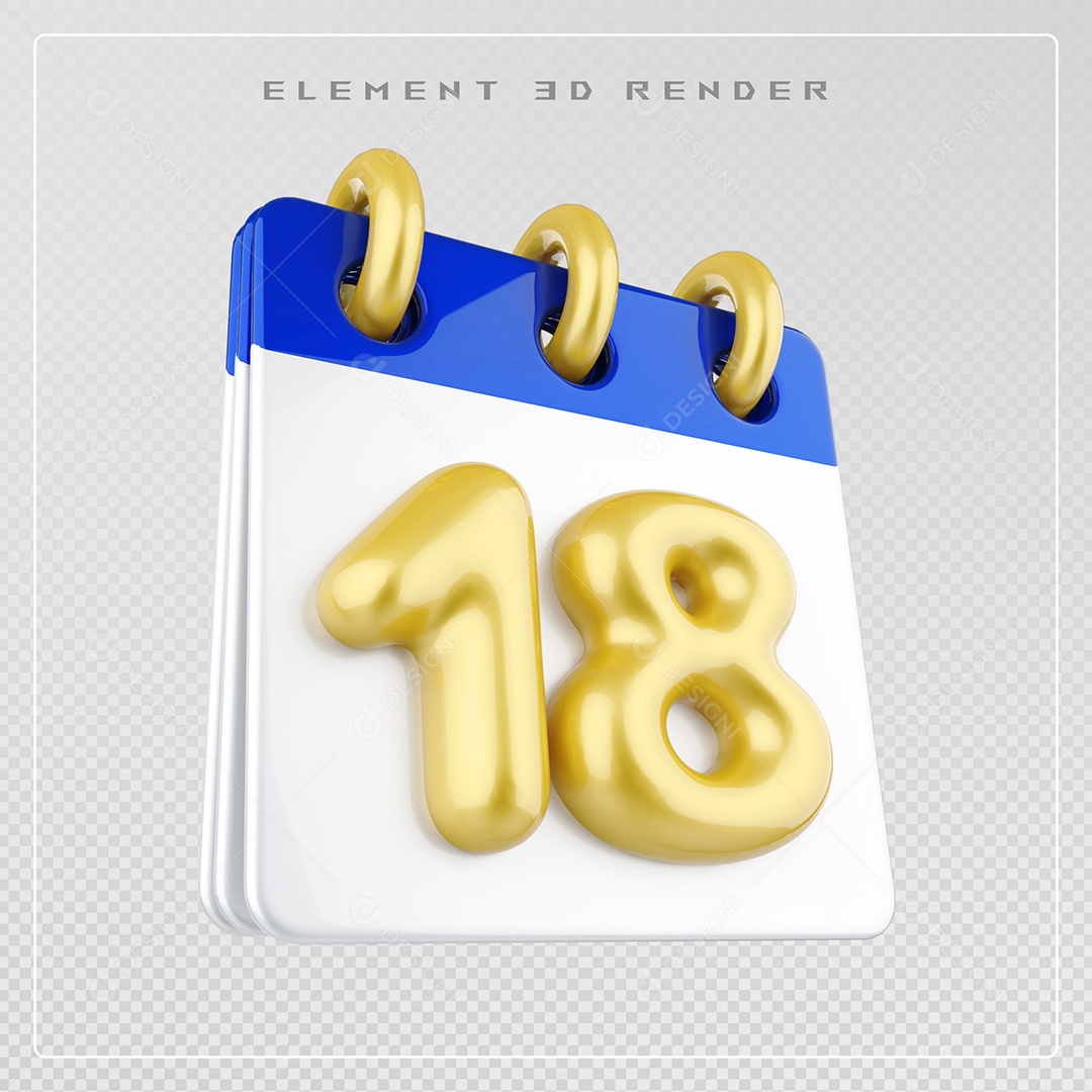Calendário Dia 18 Elemento 3D Azul e Branco Para Composição PSD