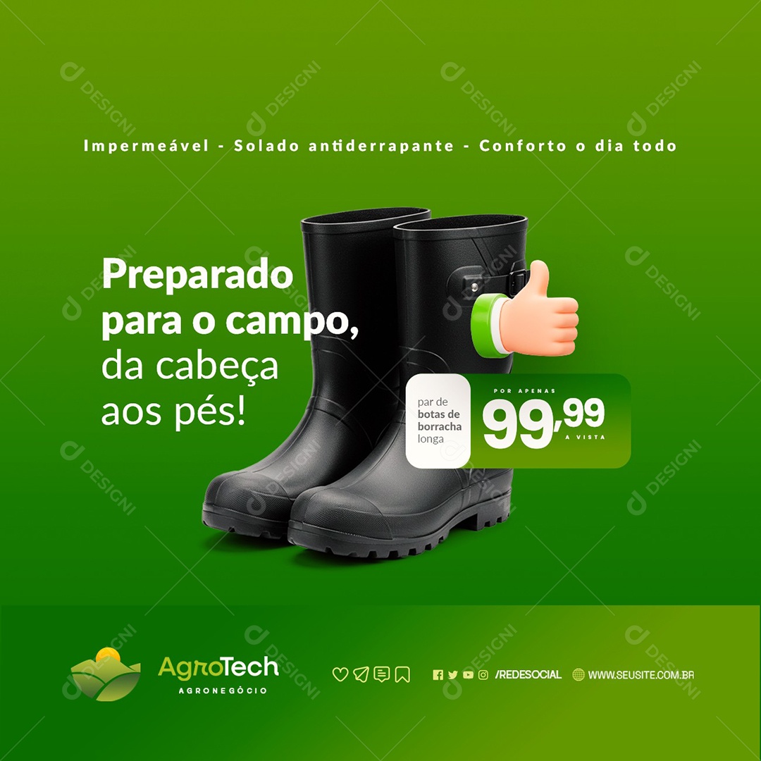 Agropecuária Preparado para o Campo Botas de Borracha Longa Social Media PSD Editável