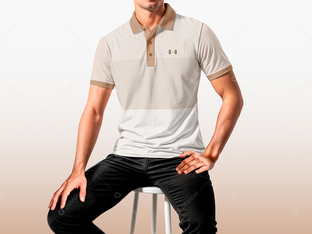 Homem com Camiseta Polo Sentando no Banco Mockup PSD Editável