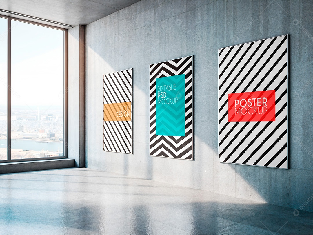 Três Poster Vertical Mockup Galeria Arte Pintura Janela Parede PSD Editável