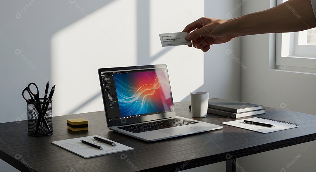 Braço de pessoa segurando cartão em frente um notebook