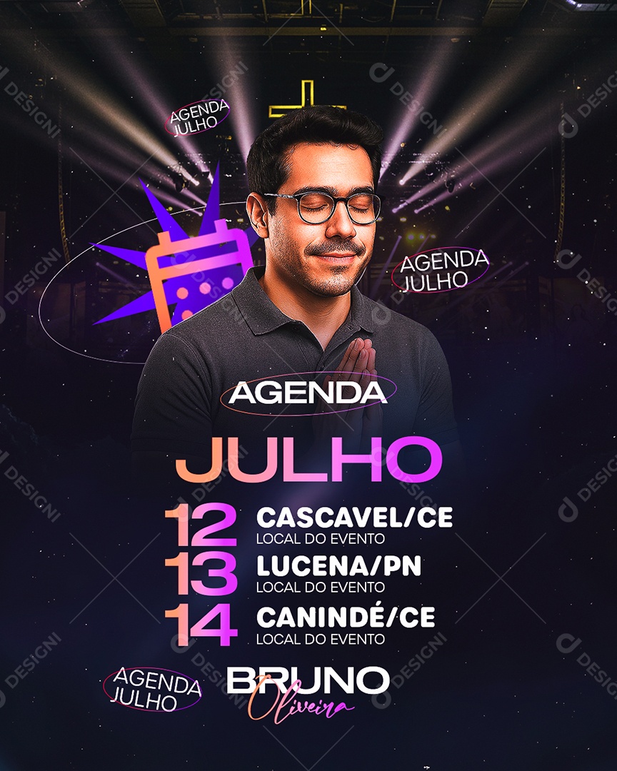 Flyer Gospel Agenda Julho Bruno Oliveira Social Media PSD Editável