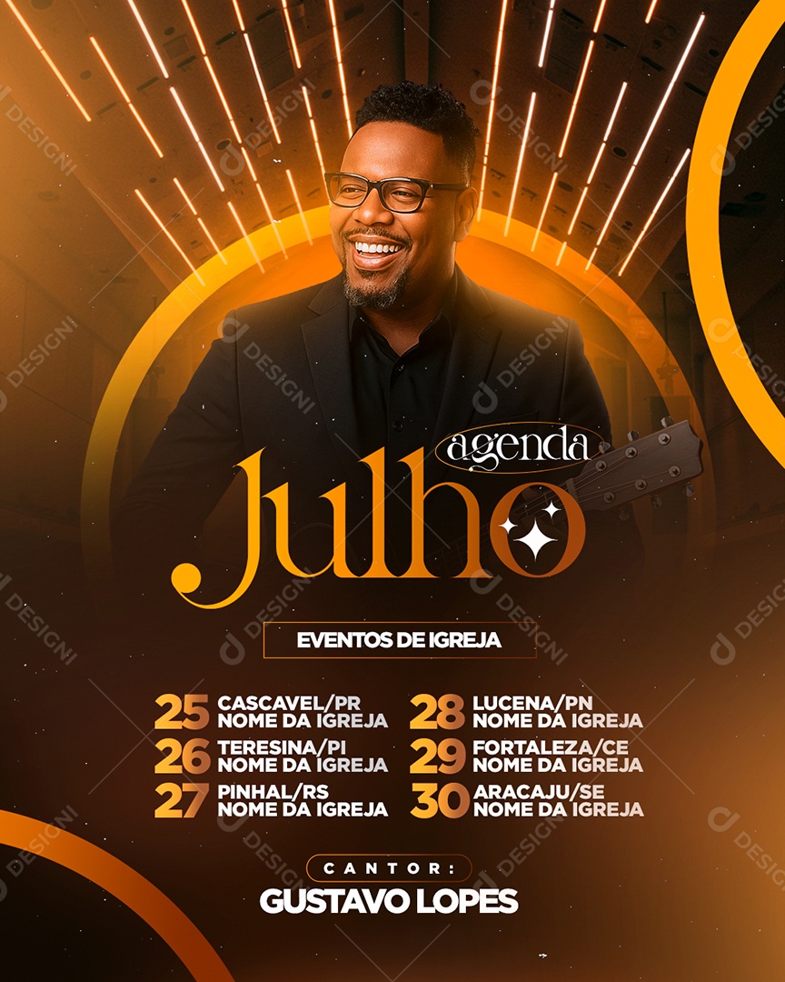 Flyer Gospel Agenda Julho Eventos de Igreja Social Media PSD Editável