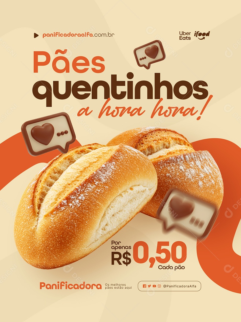 Padaria Pães Quentinhos a Hora Hora Social Media PSD Editável