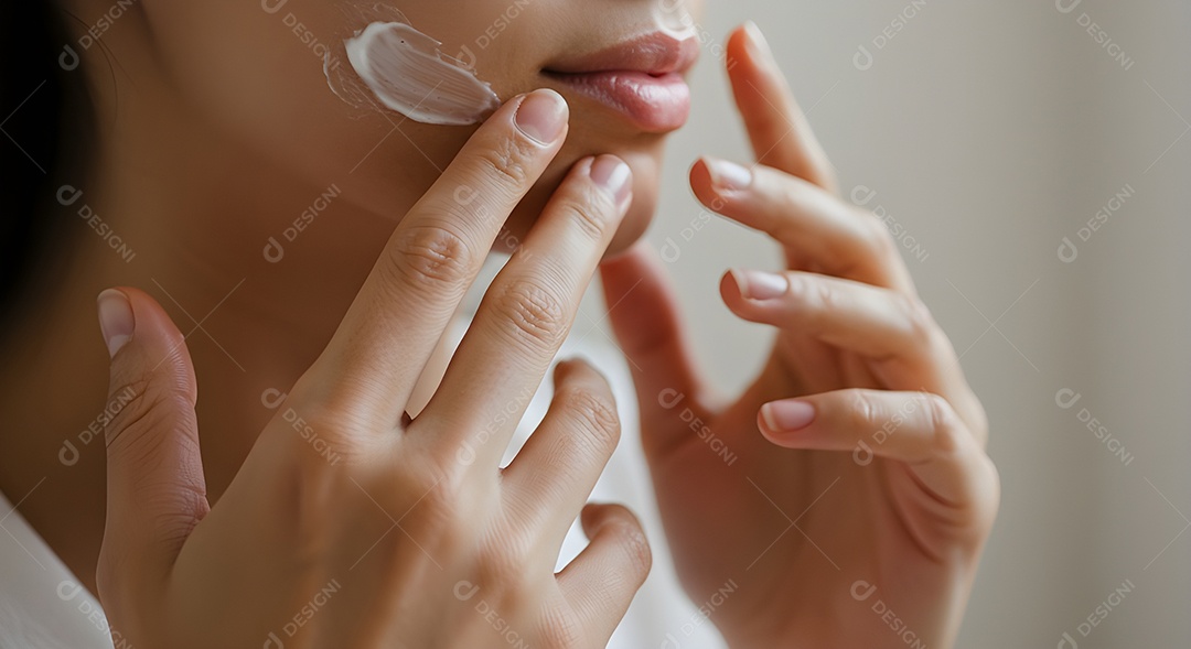 Retrato realista de linda mulher jovem usando creme de pele