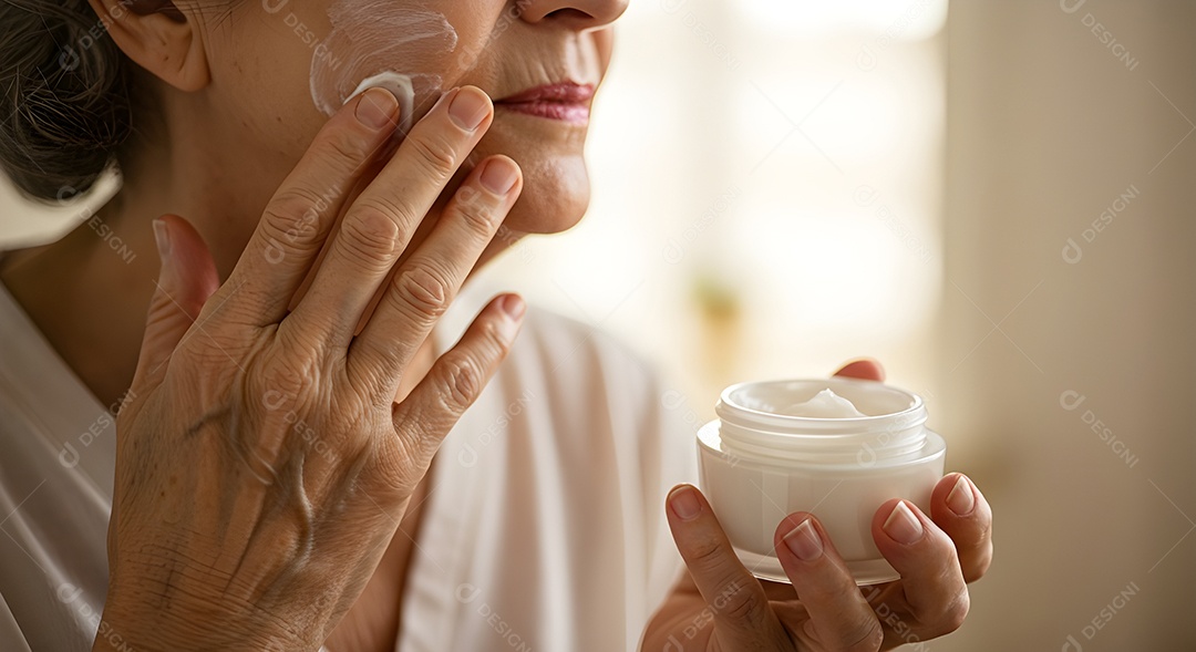 Retrato realista de linda mulher jovem usando creme de pele