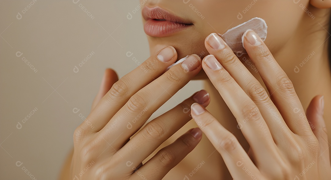 Retrato realista de linda mulher jovem usando creme de pele