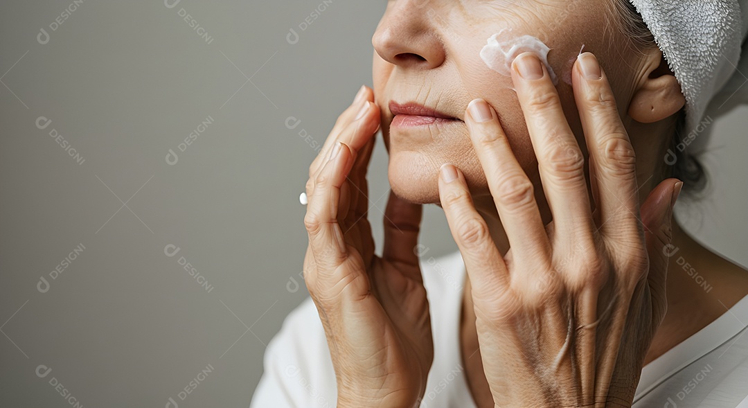 Retrato realista de linda mulher jovem usando creme de pele