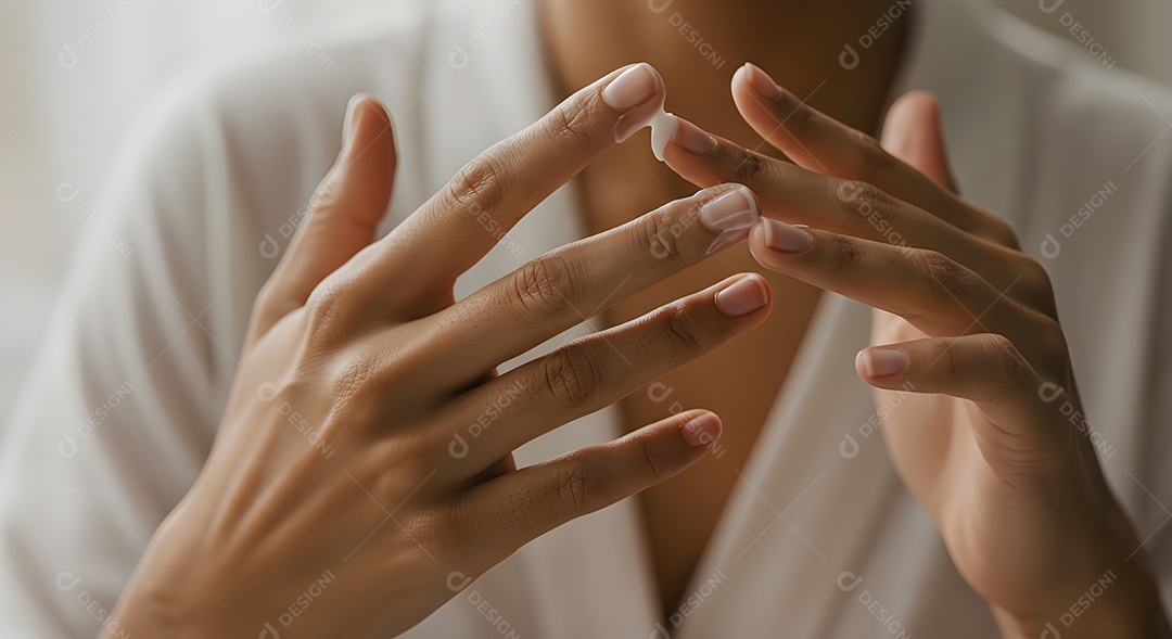 Retrato realista de linda mulher jovem usando creme de pele