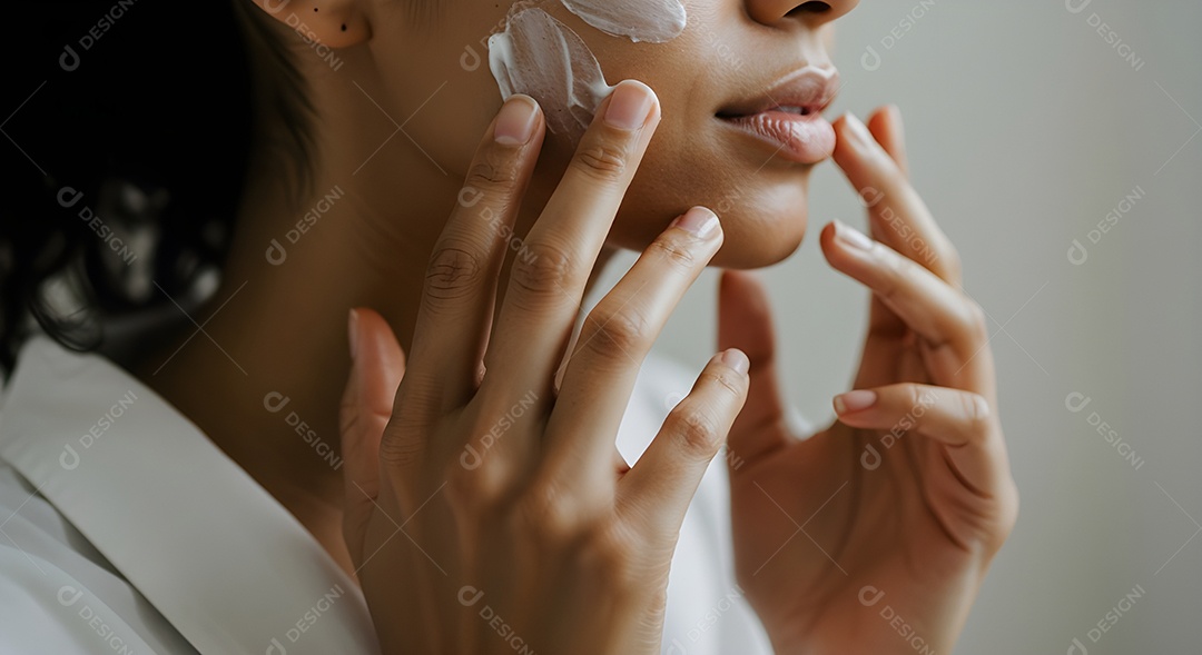 Retrato realista de linda mulher jovem usando creme de pele