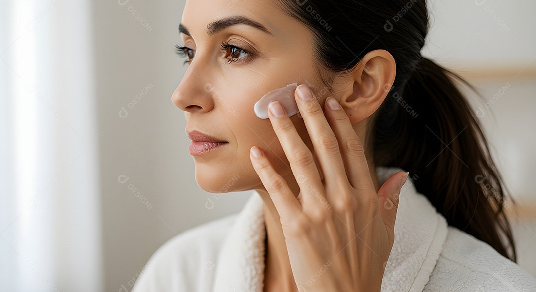 Retrato realista de linda mulher jovem usando creme de pele