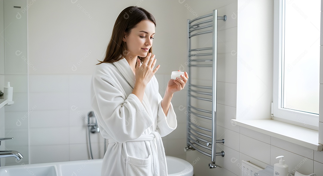 Retrato realista de linda mulher jovem usando creme de pele