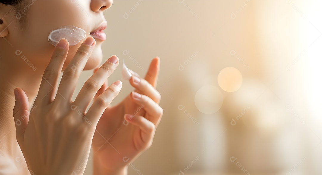 Retrato realista de linda mulher jovem usando creme de pele