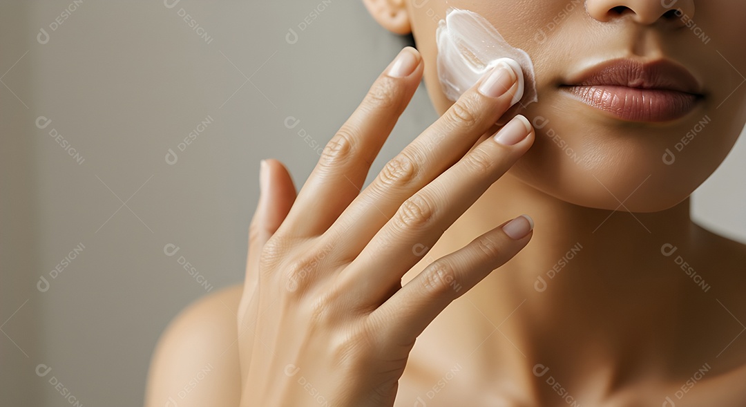 Retrato realista de linda mulher jovem usando creme de pele