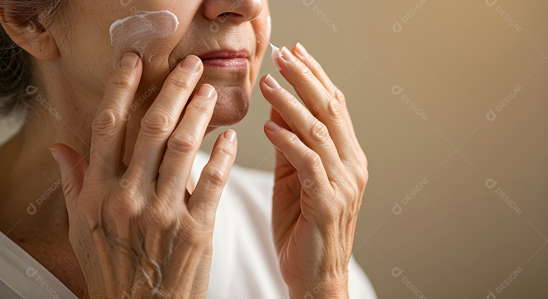 Retrato realista de linda mulher jovem usando creme de pele