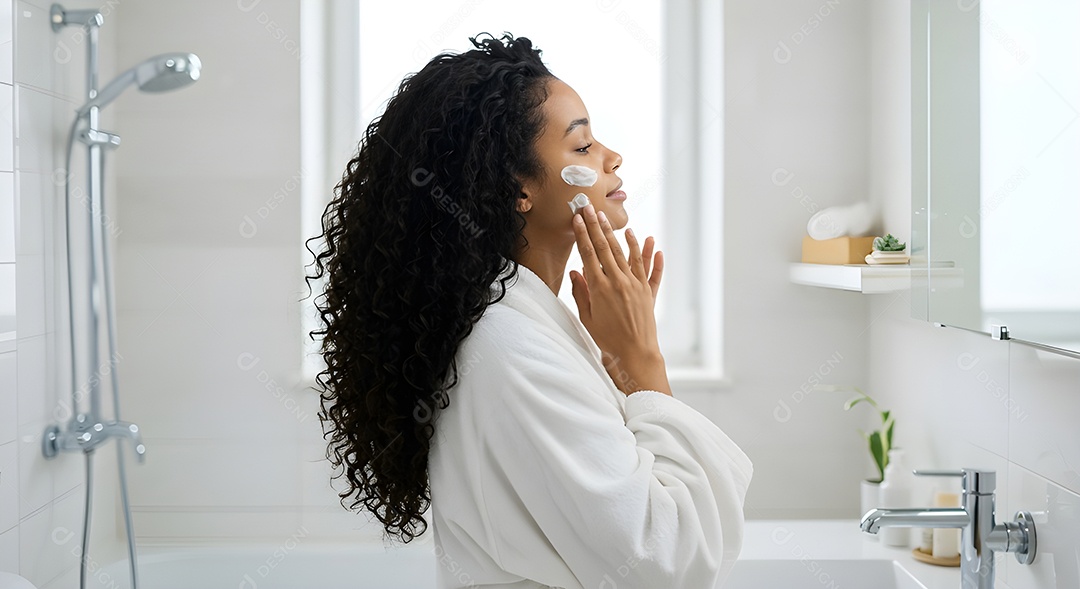 Retrato realista de linda mulher jovem usando creme de pele