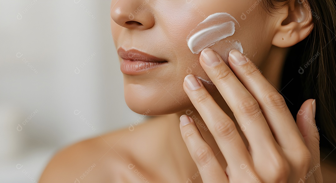 Retrato realista de linda mulher jovem usando creme de pele