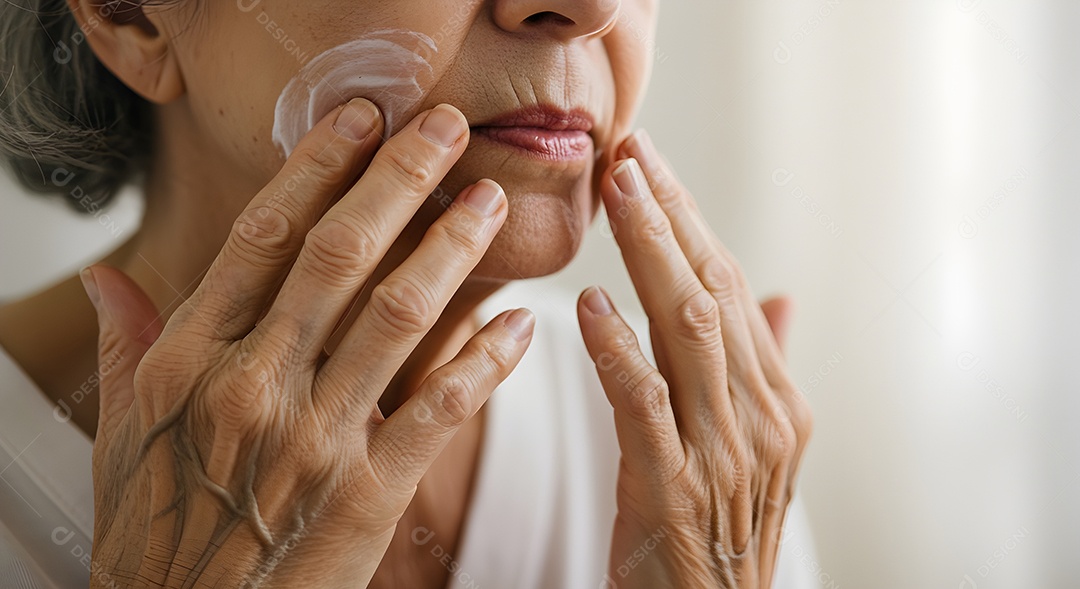 Retrato realista de linda mulher jovem usando creme de pele