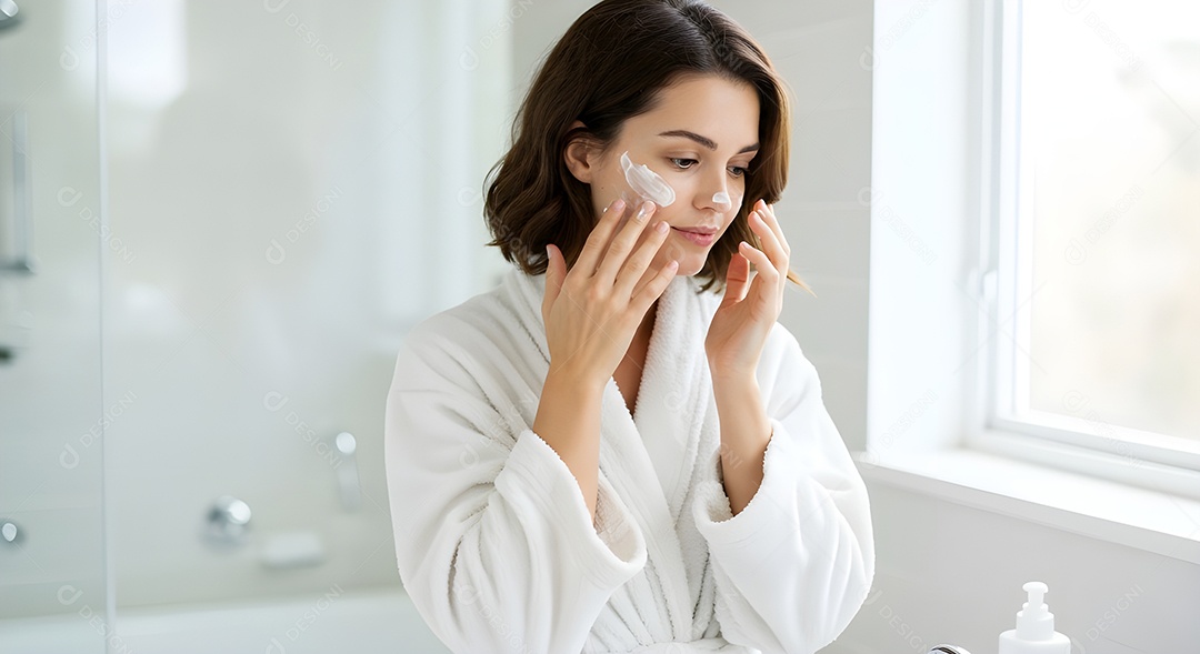 Retrato realista de linda mulher jovem usando creme de pele