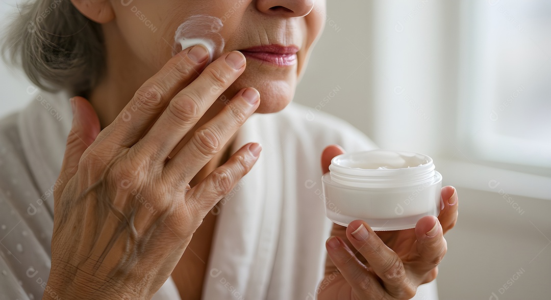 Retrato realista de linda mulher jovem usando creme de pele