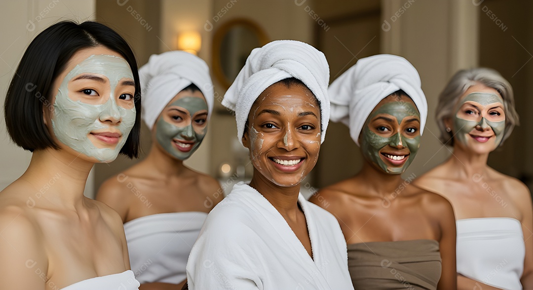 Retrato realista de lindas mulheres jovens usando creme de pele