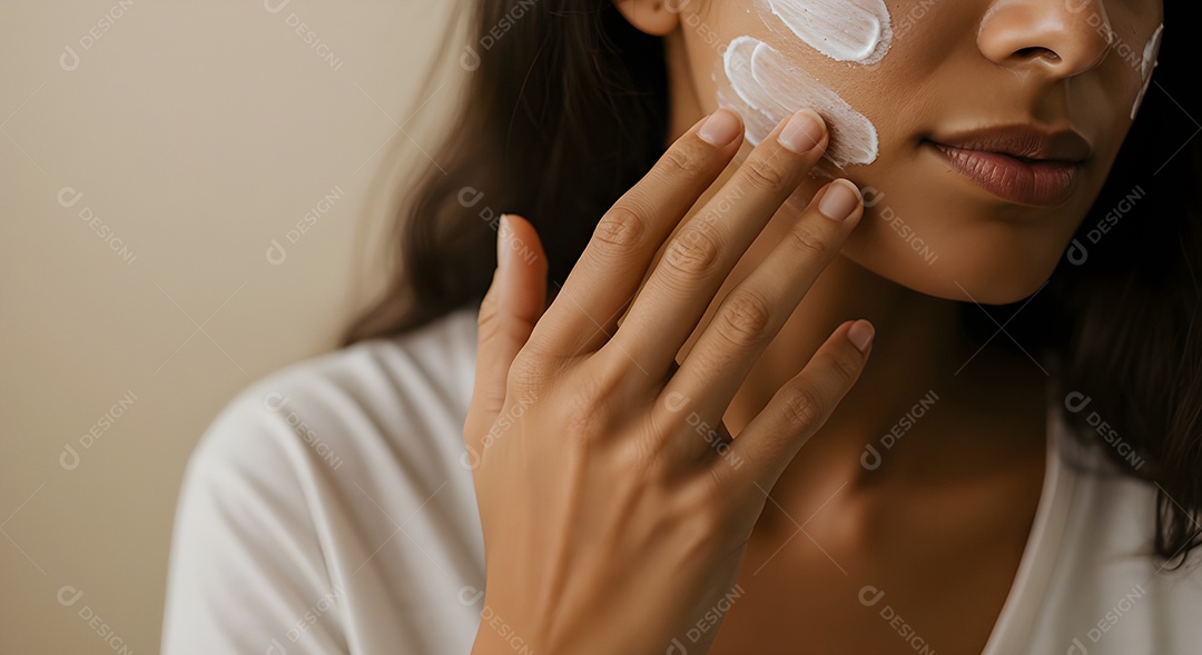 Retrato realista de linda mulher jovem usando creme de pele