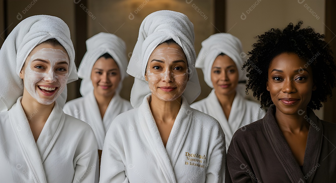 Retrato realista de lindas mulheres jovens usando creme de pele