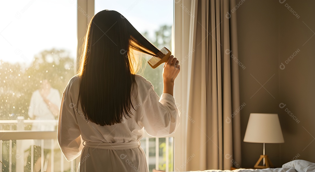 Linda mulher penteando seu cabelo