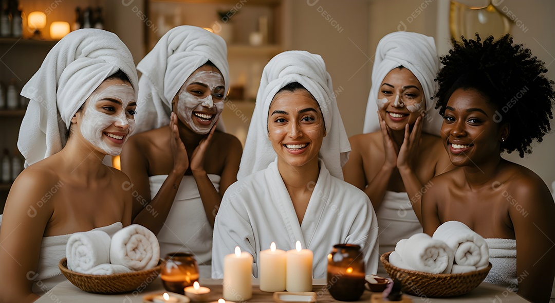 Retrato realista de lindas mulheres jovens usando creme de pele