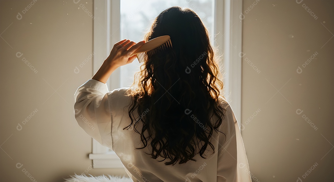 Retrato realista de mulher escovando seu cabelo