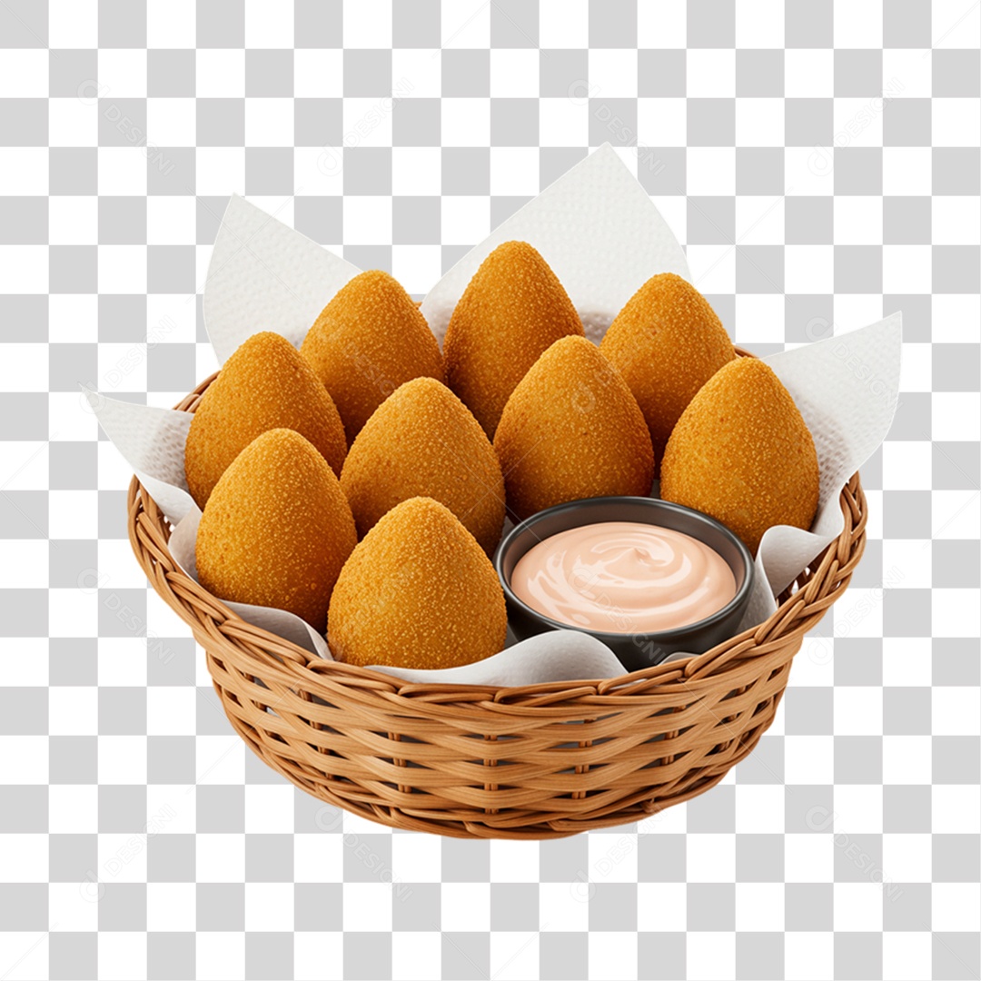 Cesta com Coxinha e Molho PNG Transparente