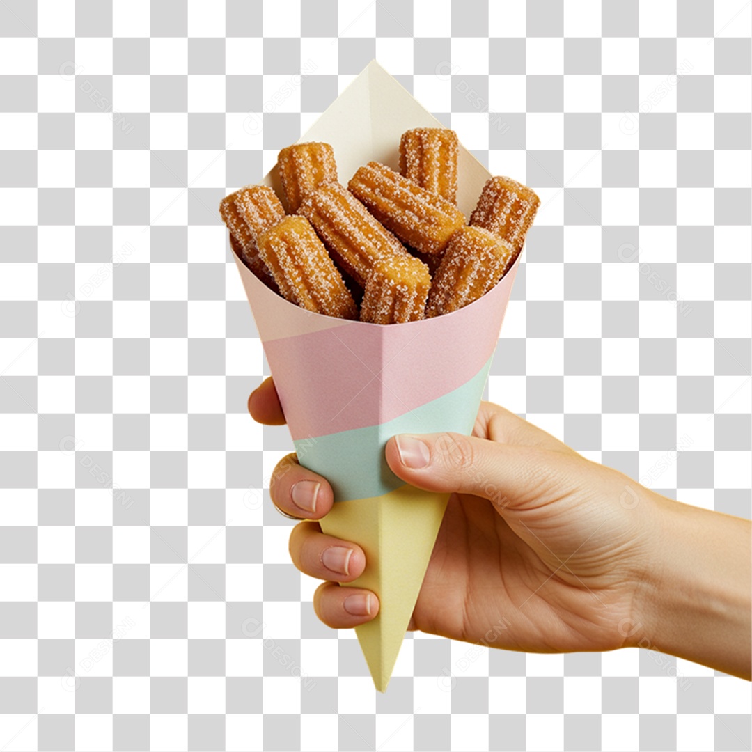 Mão Segurando Embalagem com Churros Doces PNG Transparente