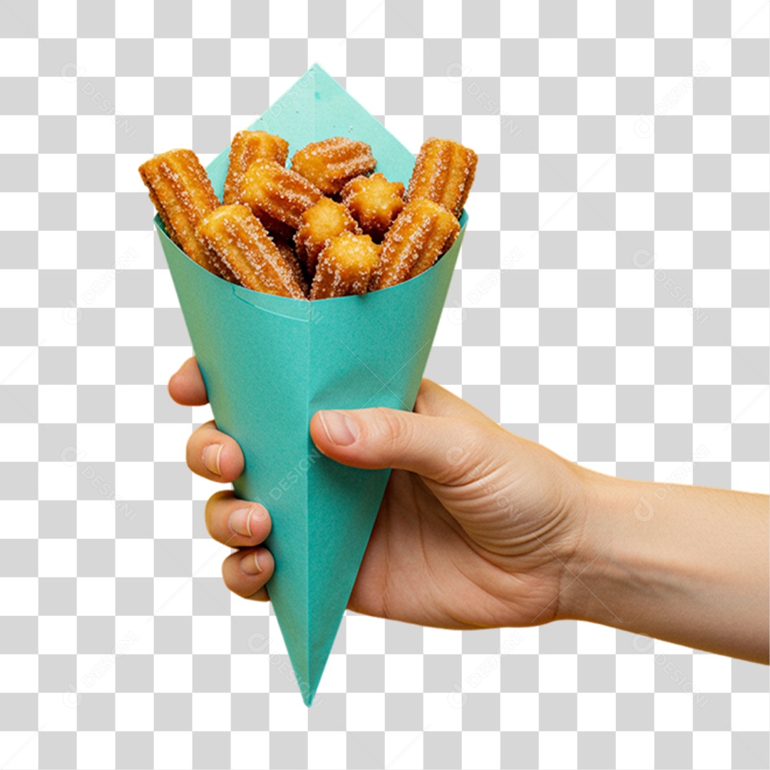 Mão Segurando Embalagem com Churros Doces PNG Transparente