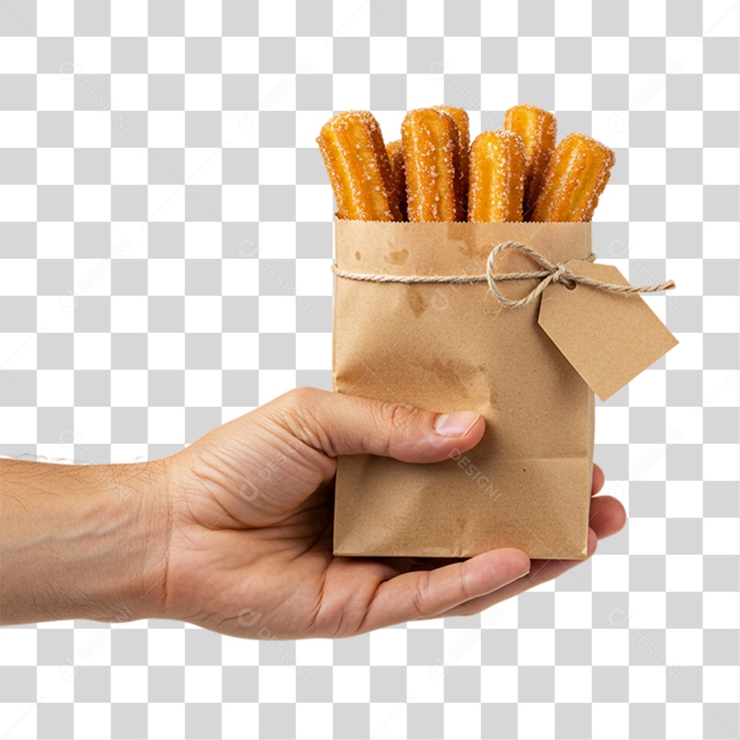 Mão Segurando Embalagem com Churros Doces PNG Transparente