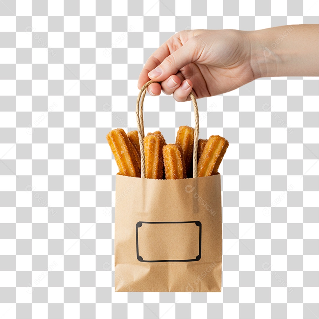 Mão Segurando Embalagem com Churros Doces PNG Transparente