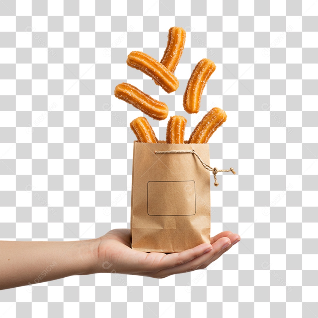 Mão Segurando Embalagem com Churros Doces PNG Transparente
