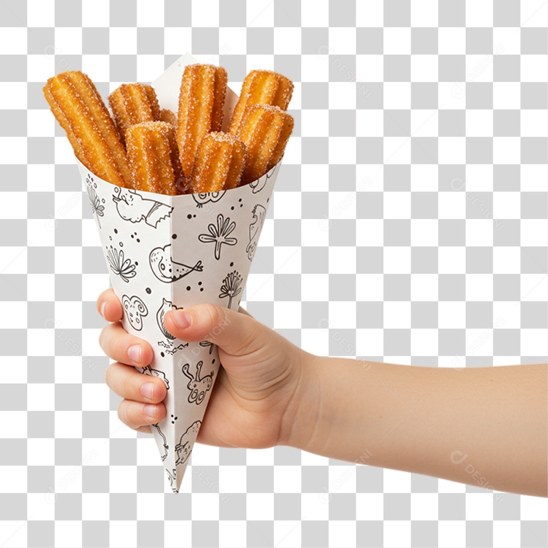 Mão Segurando Embalagem com Churros Doces PNG Transparente