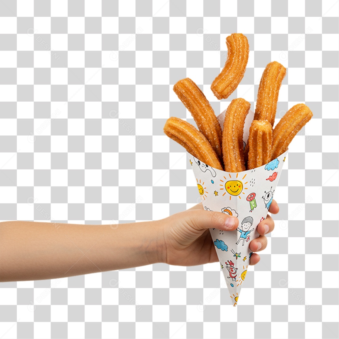 Mão Segurando Embalagem com Churros Doces PNG Transparente