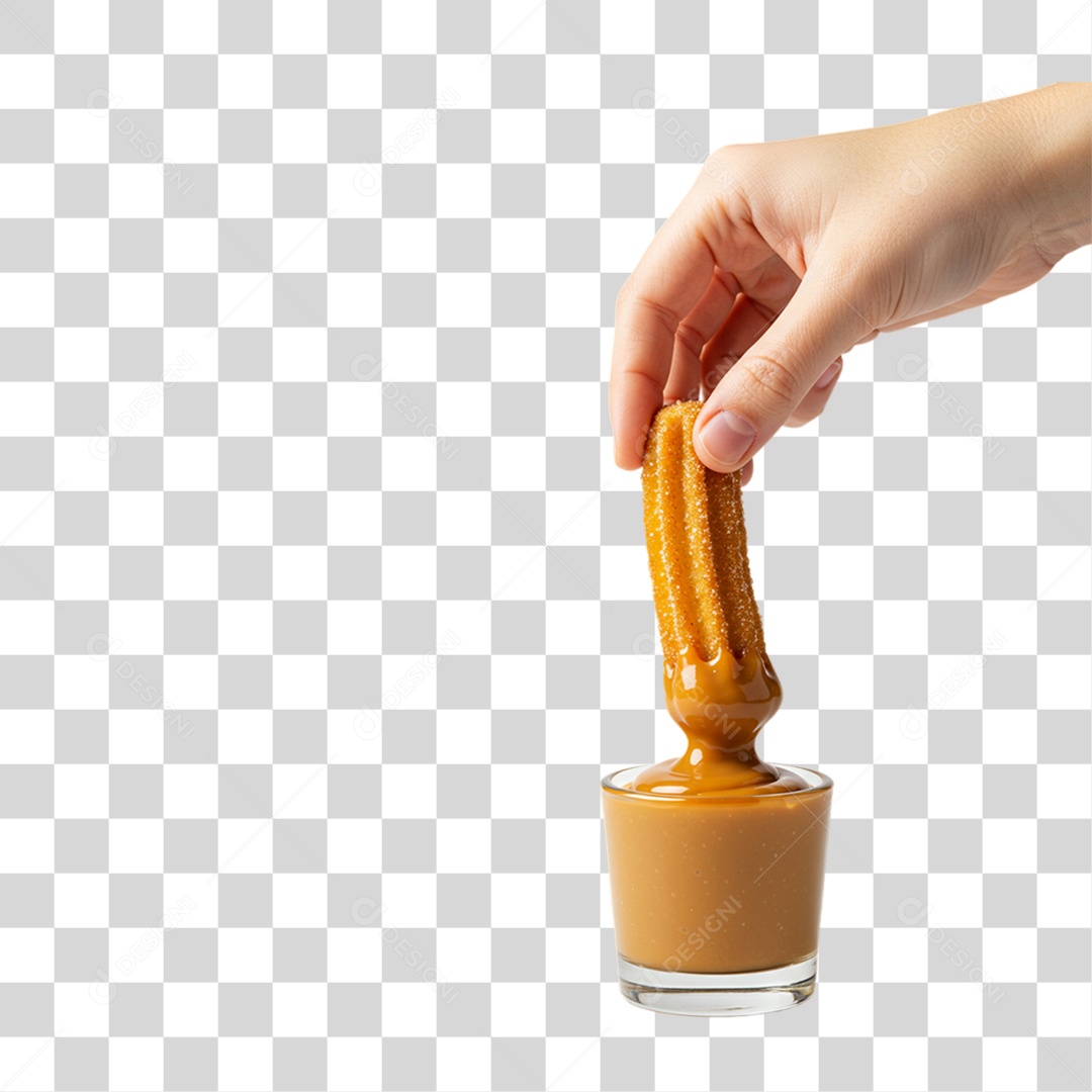 Churros Sendo Mergulhado em um Molho Doce de Leite PNG Transparente