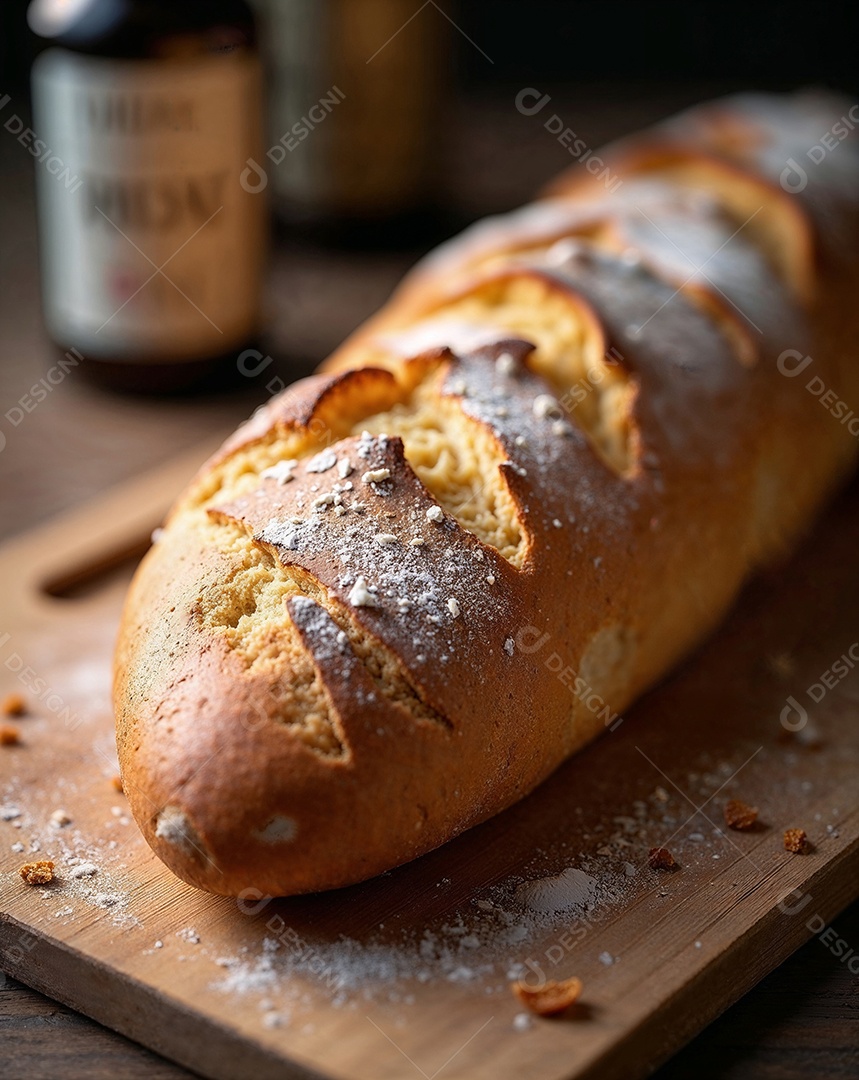 Imagem mostra um pão artesanal, provavelmente uma baguete ou um pão de fermentação natural