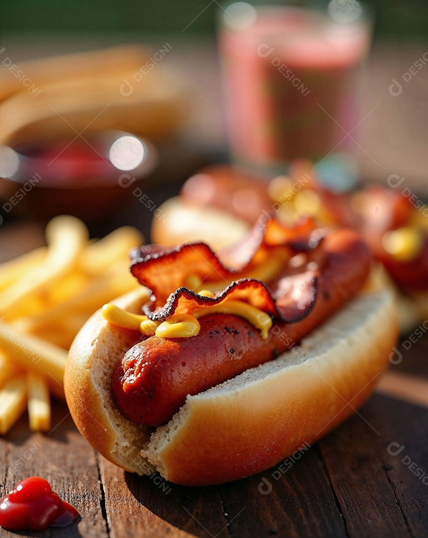 Imagem mostra um cachorro-quente, também conhecido como hot dog