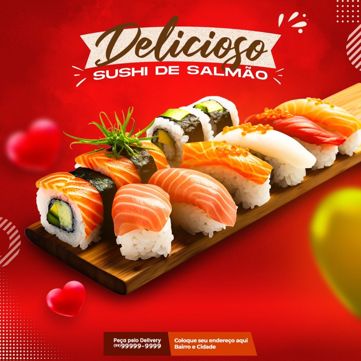 Sushi Delicioso Sushi de Salmão com Delivery PSD Editável