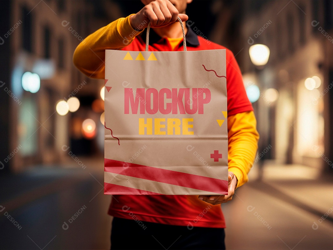 Pessoa Segurando uma Embalagem Delivery Mockup PSD Editável