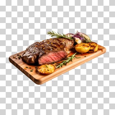 Bife Grelhado Batatas e Alecrim na Tábua de Madeira PNG Transparente