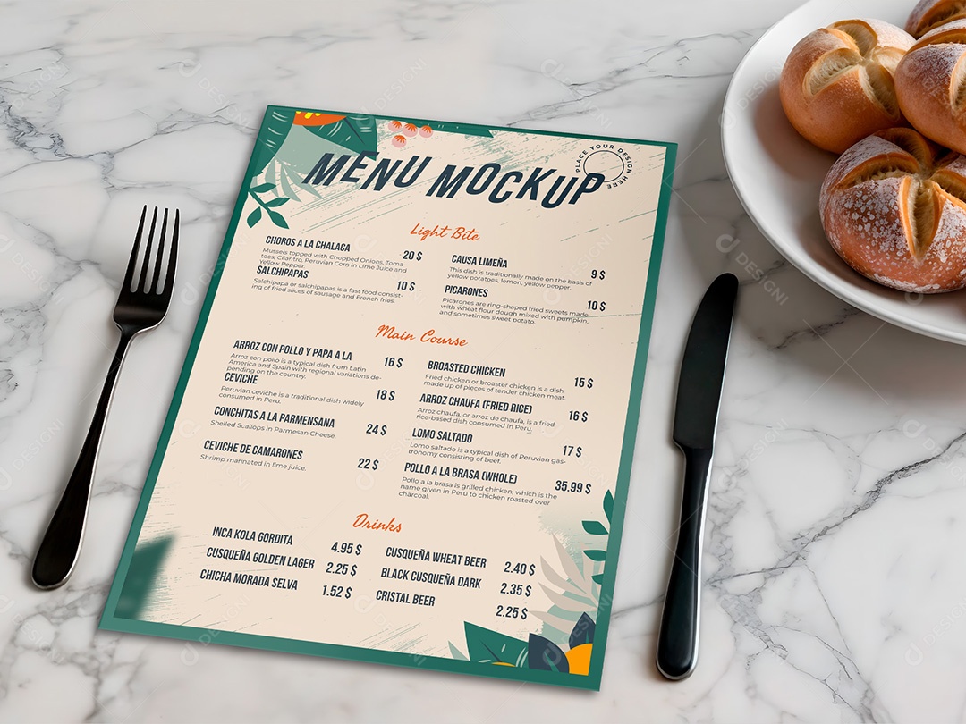 Menu de Restaurante Mockup  PSD Editável