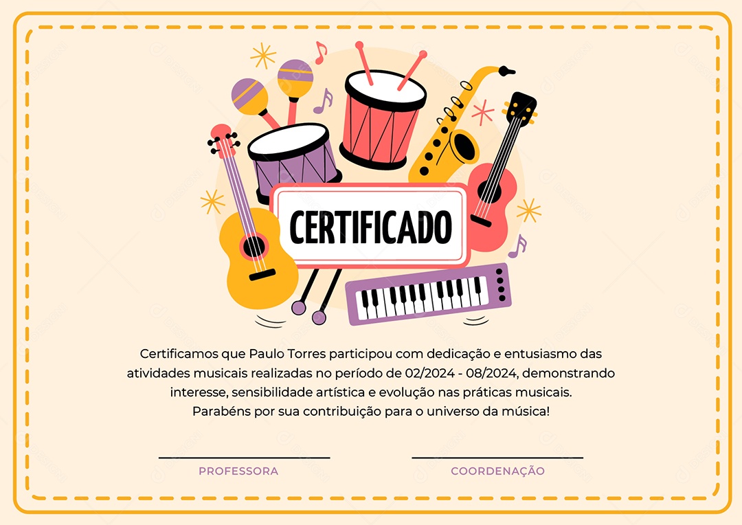 Certificado Atividades Musicais Vetor AI + EPS Editável